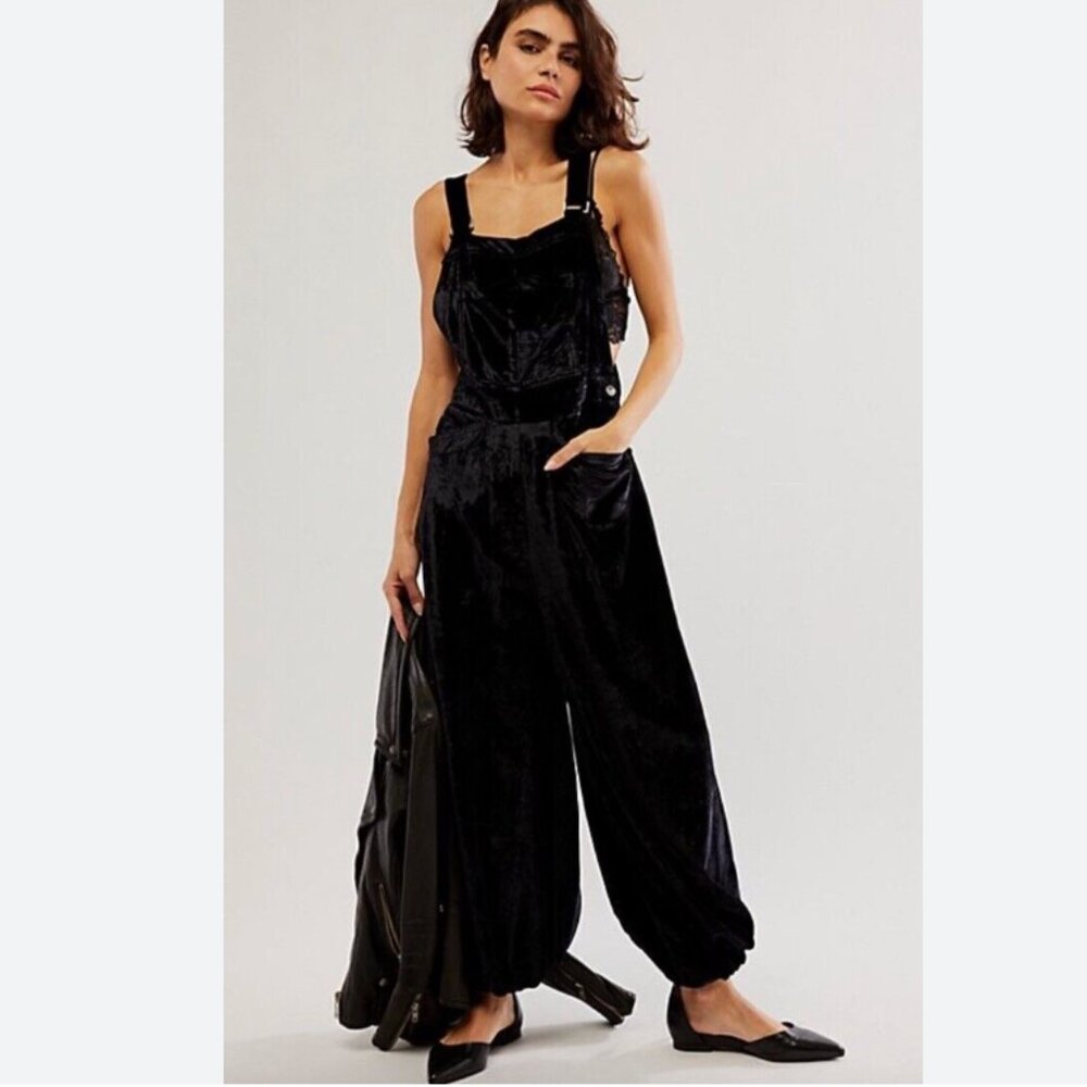 NEW Free People Follow The Sun One Piece Velvet jumpsuit in Black Size XS